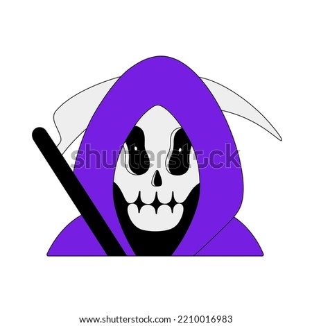 Grim reaper. Halloween spooky cartoon character isolated on white background. Flat style with black outline. Sticker, print on clothes, notebooks and phone cases. Vector illustration