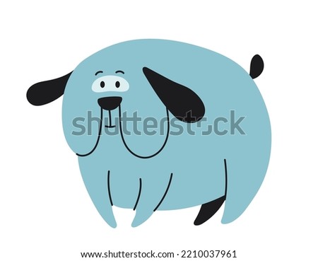 Blue cute doodle dog. Big and round puppy, fat pet and animal. Graphic element for printing on clothes, poster or banner. Creativity and art, hand drawn and outline. Cartoon flat vector illustration