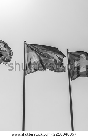 The national flag of the Argentine Republic is a triband, composed of three equally wide horizontal bands coloured light blue and white. Black and white photography. Royalty-Free Stock Photo #2210040357