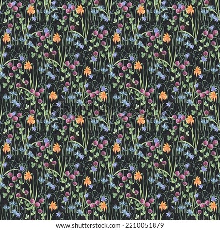 Watercolor botanical seamless pattern meadow wildflowers and garden plants. Hand drawn leaves, pink flowers, herbs and natural elements. For birthday, wedding card, invitation, greeting, mother day.