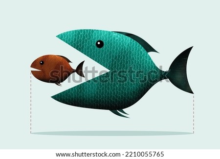Big fish eats small, takeover of the company. Art collage.