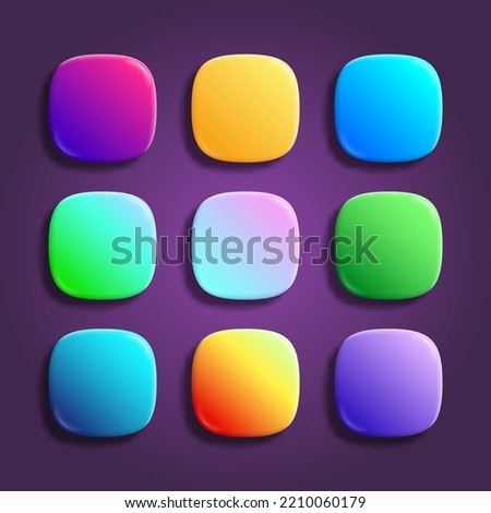 App icons superellipse, glossy vector backgrounds collection. 3D squircle buttons with neon holographic gradients and realistic soft shadows. Rounded rectangle shapes for web and mobile applications Royalty-Free Stock Photo #2210060179