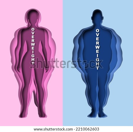 Man and woman silhouette with overweight to athletic body paper cut vector. Obesity disease risk, eating disorder concept Royalty-Free Stock Photo #2210062603