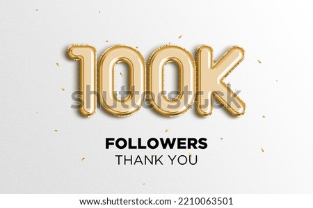 100k followers celebration. Social media achievement poster. Followers thank you lettering. Golden sparkling confetti ribbons. White background Royalty-Free Stock Photo #2210063501