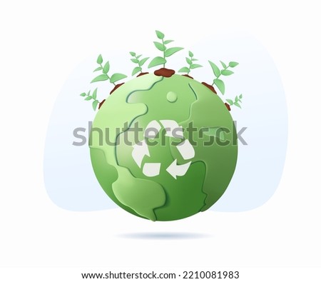 3D Save the planet. Sustainable economic growth strategy, recourses reuse reduce co2 emission climate impact. ESG, green energy industry. Vector 3D illustration. Environmental protection, renewable Royalty-Free Stock Photo #2210081983