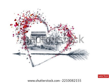 I love Paris. Interior poster Paris. Illustration with a triumphal arch.  Panorama, landscape. Black and white silhouette. Postcard with a landmark France. Valentines Day. Valentine. Vector Royalty-Free Stock Photo #2210082155