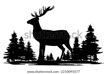 Adult male deer. Wild animals. Silhouette figures. Glade in coniferous northern forest taiga. Isolated on white background. Vector