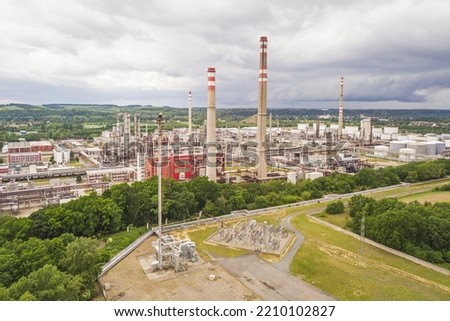 Aerial view of oil refinery in Kralupy nad Vltavou. Large industrial process plant producing gasoline (petrol), diesel fuel and other petroleum products. Kralupy nad Vltavou, Czech republic, Europe.