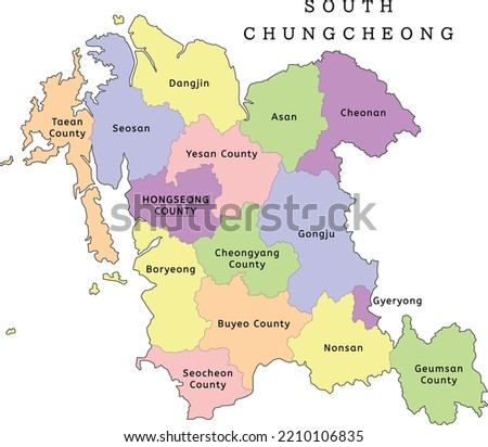 South Chungcheong Province administrative map with cities and counties. Clored. Vectored. Yellow, green, blue, pink, violet, orange Royalty-Free Stock Photo #2210106835