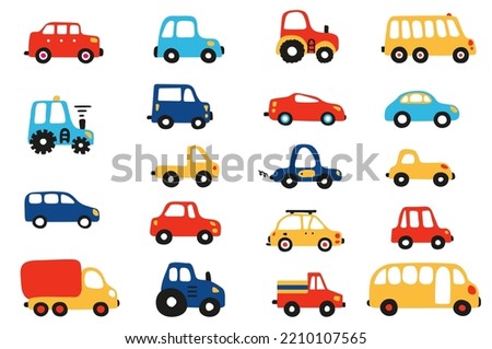 Hand-drawn transport set. Cartoon car icons for kids product. Flat color doodle vehicle. Childish city background landscape. Children's truck symbol. Clip art Infant tractor, school bus. Picture SUV.
