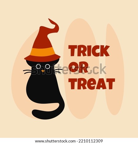 A cute black cat sits with a witch's hat. Text Trick or treat. Illustration for Halloween. Holiday event. Doodle. Vector illustration
