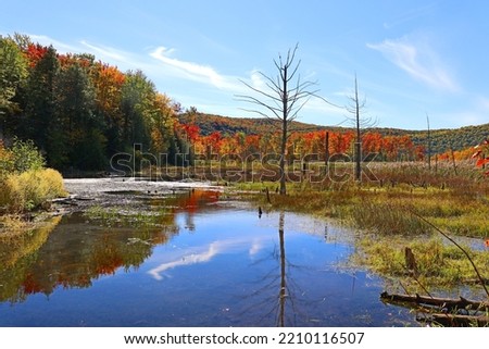 Fall landscape reflection Bromont Eastern Township Quebec province Canada