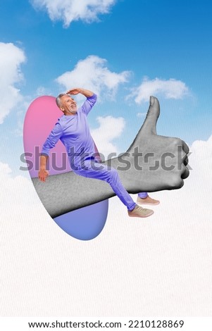 Exclusive magazine picture sketch image of excited happy smiling guy sitting big arm showing thumb up isolated painting background
