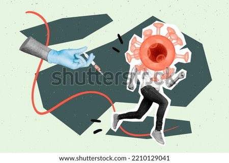Creative drawing collage picture of running away escaping man virus bacteria head doctor hand sterile glove hold syringe vaccination