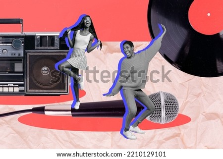 Creative abstract template collage of dancing funny energetic woman have fun retro vintage boombox vinyl record mic karaoke singers