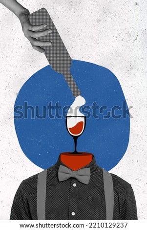 Vertical collage picture of arm hold pouring wine bottle guy glass instead head isolated on painted background