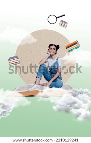 Magazine collage advert of high school lady flying on open page printed dictionary on painted image background