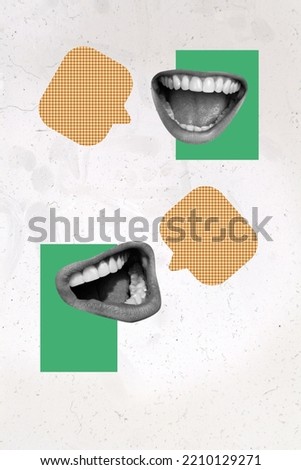 Vertical collage picture of two human mouth black white colors beaming smile talk chat isolated on creative background