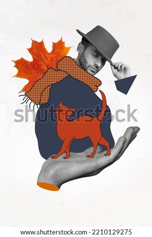 Creative 3d photo artwork graphics collage of peaceful calm man wear hat warm coat scarf enjoy autumn big hand hold purring happy red cat