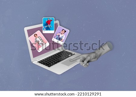 Composite collage illustration of human arm black white gamma indicate finger wireless netbook screen people photo isolated on painted background