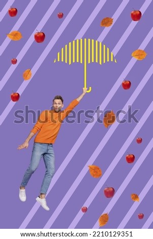 Magazine banner collage of funky shock guy fly up fantasy sky under parasol protect rainstorm on vibrant color background