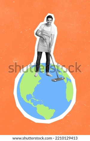 Picture banner collage of responsible guy housekeeper use mop clean globe isolated on orange color background