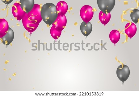 balloon gray and pink background. Flying colorful balloons birthday party decoration. Anniversary celebration card, fun carnival holiday joy surprise group banner vector template
