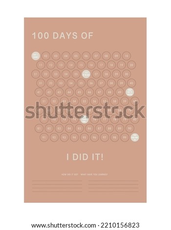 100 Days challenge planner sheets. Clear and simple printable to do list. Business organizer page. Paper sheet.