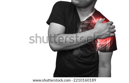 Close up A man holding his injured shoulder pain, Broken clavicle that's highlighted in red. Medical healthcare concept.
 Royalty-Free Stock Photo #2210160189