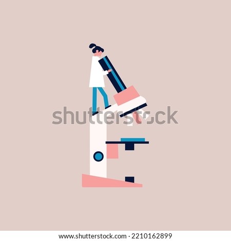 Research, genetics, science concept. Young man works with molecule. Colorful flat vector illustration