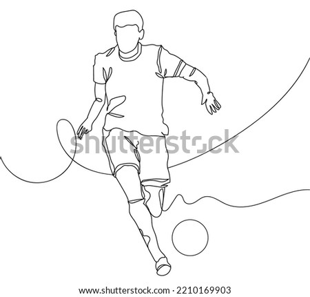 Continuous line drawing of shows a football player kicks the ball. Hand drawn single line vector illustration