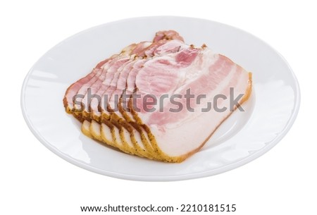 Slices of bacon in white glass plate isolated on white background