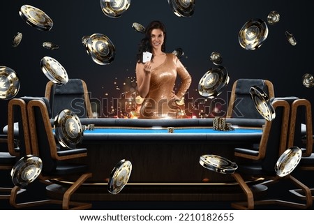 Croupier girl at the poker table, poker room. Poker games, casinos, Texas hold 'em, online games, card games. Modern design, magazine style