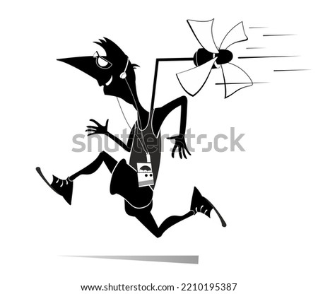 Illustration of young running man. 
Cartoon running man listening music on player using headphones and trying to run faster using a propeller. Isolated on white background
