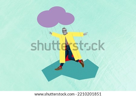 Photo cartoon comics sketch picture of funny funky guy running puddles under rain drops isolated drawing background