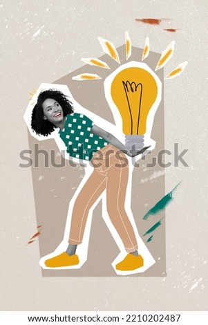 Vertical creative collage image of positive optimistic clever girl student carry big electric light bulb have fun genius idea business plan Royalty-Free Stock Photo #2210202487