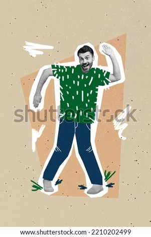Vertical creative collage image of positive energetic funny funky young man painting clothes dancing have fun enjoy party relaxing