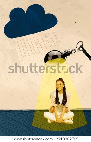 Photo sketch graphics artwork picture of charming happy smiling lady sitting under lamp enjoying rainy weather isolated drawing background