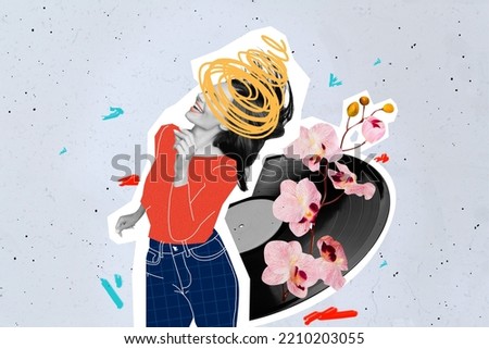 Creative drawing collage picture of elegant girlish young woman dancing enjoy vinyl recorder music orchid flower branch spring good mood