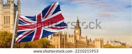 House of Parliament and British flag Boris Johnson tories Royalty-Free Stock Photo #2210215953