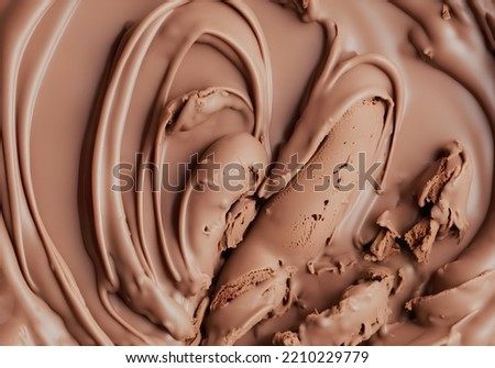 Chocolate ice cream inside a large bowl or tub, overhead shot. Beautiful appealing curves, freshly produced gelato. Intense brown color, studio lighting.
