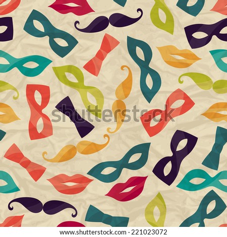 Seamless pattern with carnival accessories on crumpled paper.