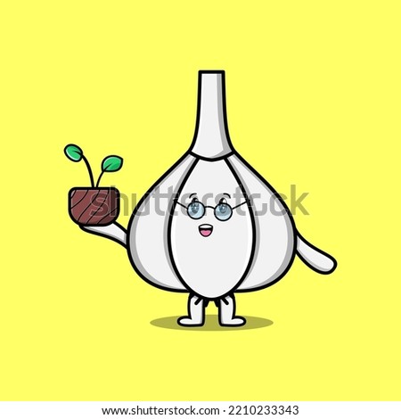 Cute cartoon illustration Garlic holding plant in a pot flat modern style design