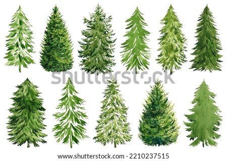 Collection watercolor Christmas trees, modern design. For printed materials - flyers, poster, greeting card, invitations