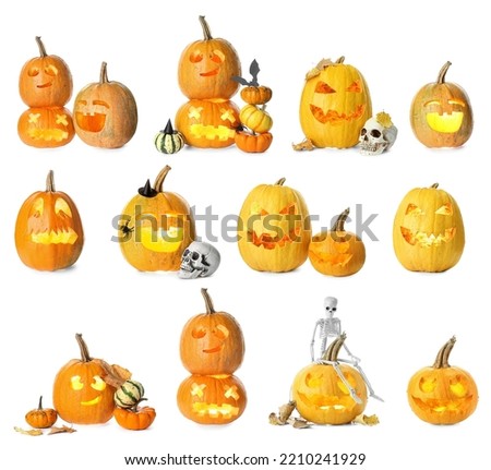 Set of creepy Halloween pumpkins isolated on white