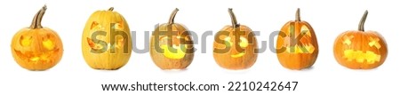 Set of creepy Halloween pumpkins isolated on white