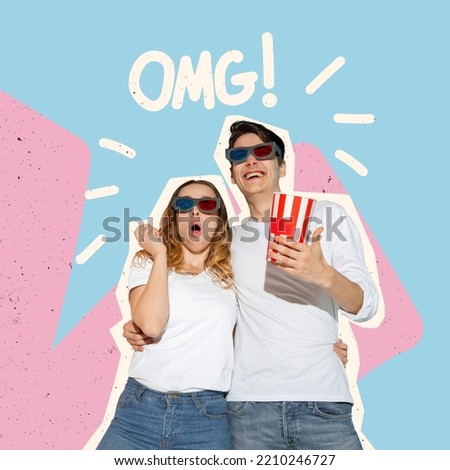 Amazing offer. OMG. Shocked interracial couple with popcorn, amazed man and woman wearing 3d glasses watching movie, standing in cinema. Contemporary art pop collage or design in magazine style