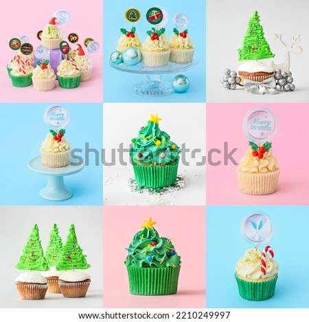 Collage with tasty Christmas cupcake on color background