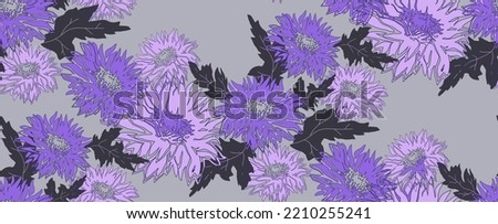 Vector floral seamless pattern with violet flowers and leaves on grey background. Vector floral swatch for wallpaper, bedding, home textile, fabric, poster, package.