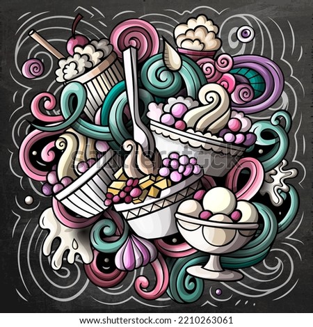 Ice Cream cartoon vector illustration. Chalkboard detailed composition with lot of Sweet Food objects and symbols. All items are separate